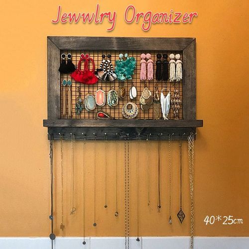 Support Mural En Bois Pour Bijoux Boîte De Rangement Pour Boucles D'oreilles Colliers Présentoir Rustique Marron Décor De Maison