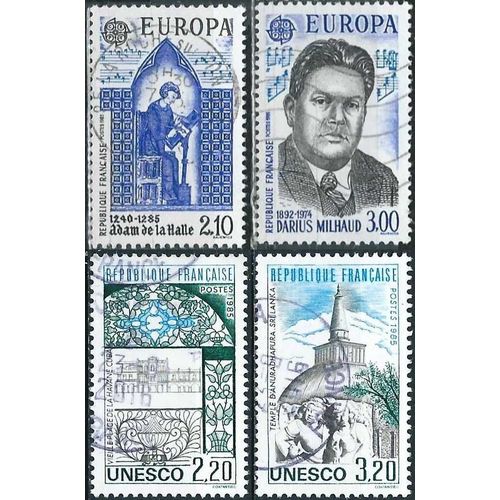 France 1985, Beaux Timbres De Service De L'unesco, Yvert 89, La Havane, Cuba Et 90 Temple Au Sri Lanka Et Paire Europa, Musique, Yvert 2366 Adam De La Halle Et 2387 Darius Milhaud, Oblitérés, Tbe