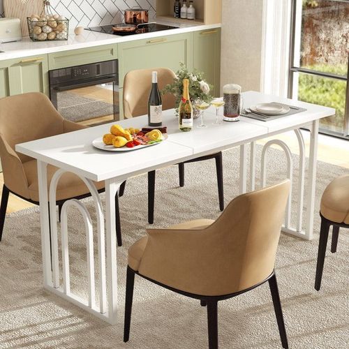 Costway Table À Manger Pour 6-8 Personnes, Rectangulaire De 160 Cm Avec Pieds Métalliques Robustes, Blanc