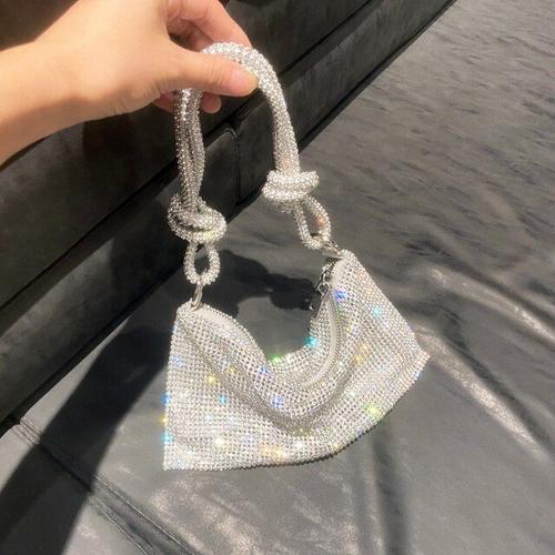 Pochette De Soirée De Luxe De Styliste, Poignée En Strass Argent