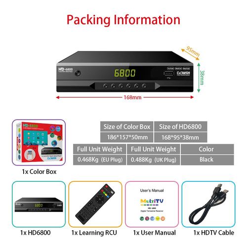 Décodeur numérique HD6800 DVB T2 DVB-C HEVC 265 HD DVB-T2,récepteur TV terrestre EPG,décodeur Youtube LAN Scart - Type HD 6800 DVB T2