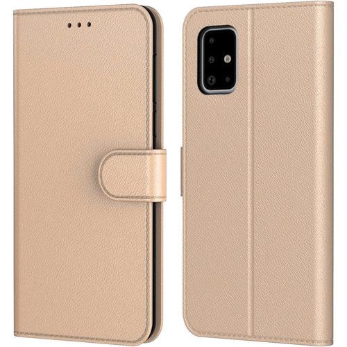 Coque Pour Samsung A51 (6.5'') Dore Couleur Unie Anti-Choc Porte-Carte Portefeuille Effet Cuir Souple