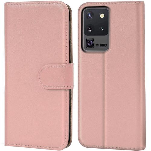 Coque Pour Samsung S20 Ultra (6.9'') Rose Anti-Choc Couleur Unie Portefeuille Effet Cuir Porte-Carte Souple