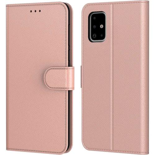 Coque Pour Samsung A51 (6.5'') Rose Effet Cuir Couleur Unie Protection 360 Degre Porte-Carte Portefeuille Anti Rayure