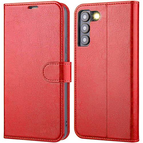 Coque Pour Samsung S22 Ultra (6.8'') Rouge Anti Rayure Souple Portefeuille Effet Cuir Porte-Carte