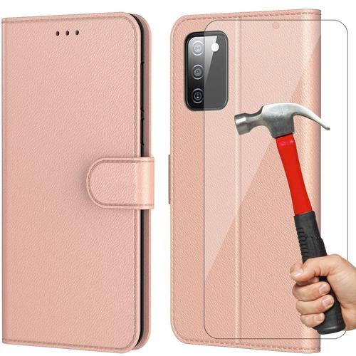 Pack De 2 Verres Trempes Et Coque Pour Samsung A03s (6.5'') Rose Effet Cuir Protection 360 Porte-Carte Portefeuille