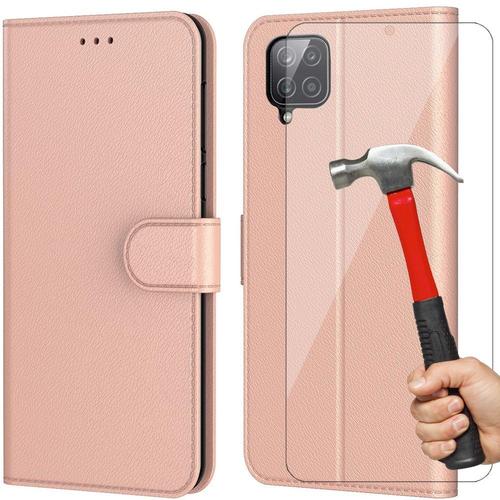 Pack De 2 Verres Trempes + Coque Pour Samsung A12 (6.5'') Rose Porte-Carte Anti Rayure Portefeuille Couleur Unie Effet Cuir