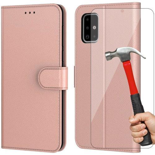 Pack De 2 Verres Trempes Et Coque Pour Samsung A51 (6.5'') Rose Effet Cuir Protection 360 Degre Porte-Carte Portefeuille