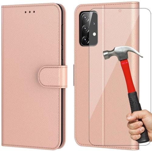 Pack De 2 Verres Trempes + Coque Pour Samsung A52 (6.5'') Rose Porte-Carte Anti Rayure Portefeuille Couleur Unie Effet Cuir