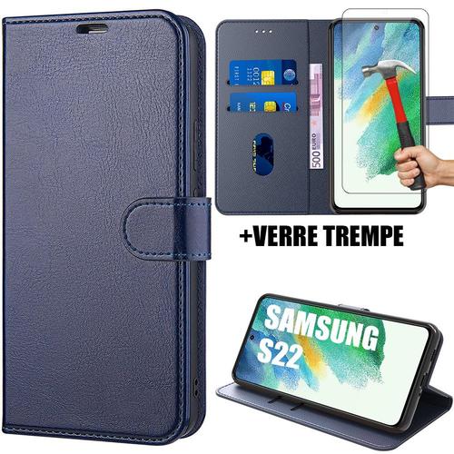 Pack 2 Verres Trempes + Coque Pour Samsung S22 (6.1'') Bleu Marine Portefeuille Souple Anti-Choc Anti Rayure Porte-Carte