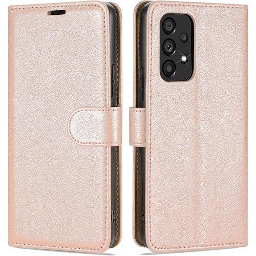 Coque Pour Samsung A33 5g (6.4'') Rose Anti-Choc Couleur Unie Avec Rangement Billet Effet Cuir Rangement Carte Souple