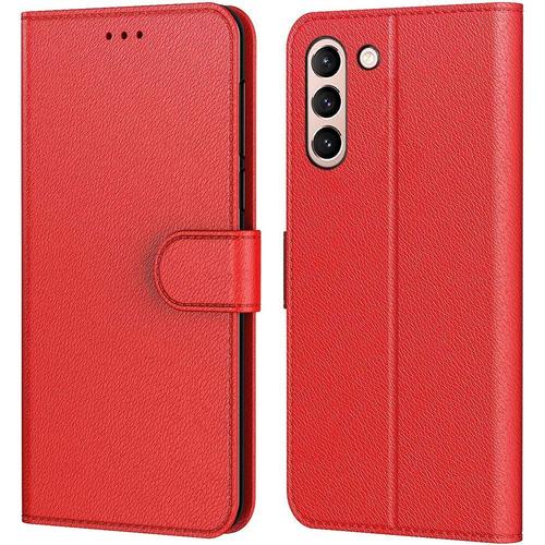 Coque Pour Samsung S21 (6.2'') Rouge Effet Cuir Anti-Choc Protection 360 Degre Avec Rangement Billet Rangement Carte Souple