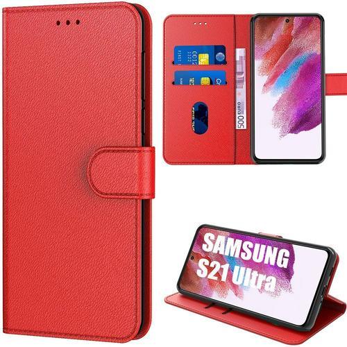 Coque Pour Samsung S21 Ultra (6.8'') Rouge Couleur Unie Anti Rayure Anti-Choc Protection 360 Degre Effet Cuir