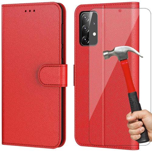 Lot 2 Verres Trempes Avec Coque Pour Samsung A52 (6.5'') Rouge Anti Rayure Souple Effet Cuir Couleur Unie