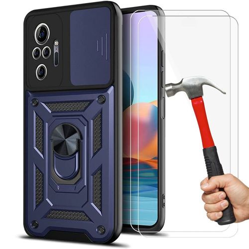 Lot 2 Verres Trempes+ Coque Pour Redmi Note 10 Pro 5g (6.67'') Bleu Marine Dure Antichoc Anneau Arrière Anti-Rayure Bumper