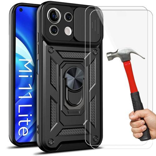 Pack 2 Verres Trempes+ Coque Pour Xiaomi 11 Lite 5g (6.55'') Noir Dure Bordure Renforcee Epais Style Armee Rigide