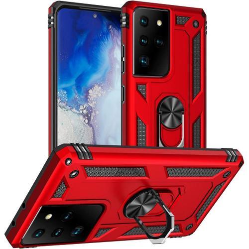 Coque Pour Samsung S21 Ultra (6.8'') Rouge Anneau Arrière Anti-Rayure Dure Style Armee Antichoc Epais