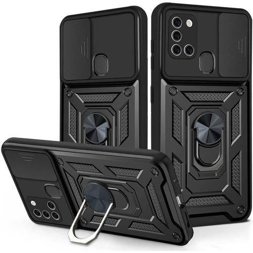 Coque Pour Samsung A21s (6.5'') Noir Dure Style Armee Cache Camera Antichoc Anneau Arrière Anti-Rayure