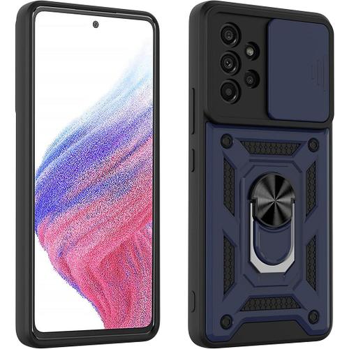 Coque Pour Samsung A53 5g (6.5'') Bleu Marine Anneau Arrière Cache Camera Antichoc Style Armee Dure Rigide