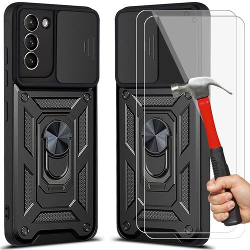 Pack 2 Verres Trempes Avec Coque Pour Samsung S21 (6.2'') Noir Style Armee Cache Camera Bordure Renforcee Dure Anneau Arrière