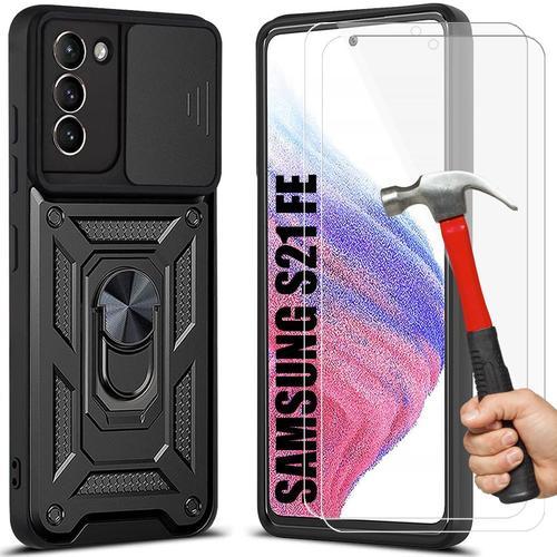 Lot 2 Verres Trempes Avec Coque Pour Samsung S21 Fe (6.4'') Noir Dure Rigide Cache Camera Anneau Arrière Bordure Renforcee