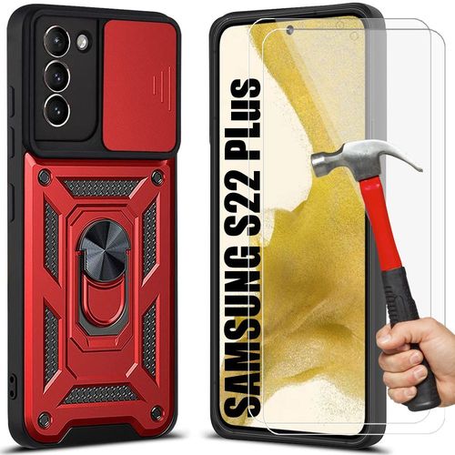 Lot 2 Verres Trempes + Coque Pour Samsung S22 Plus (6.6'') Rouge Anti-Rayure Anneau Arrière Antichoc Dure Cache Camera