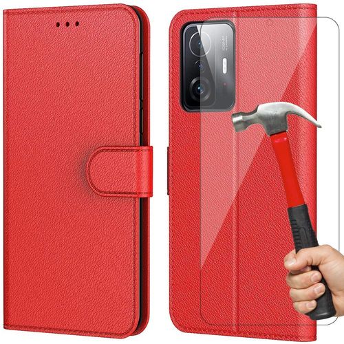 Lot 2 Verres Trempes+ Coque Pour Xiaomi 11t 5g/11t Pro 5g (6.67'') Rouge Effet Cuir Souple Anti Rayure Anti-Choc