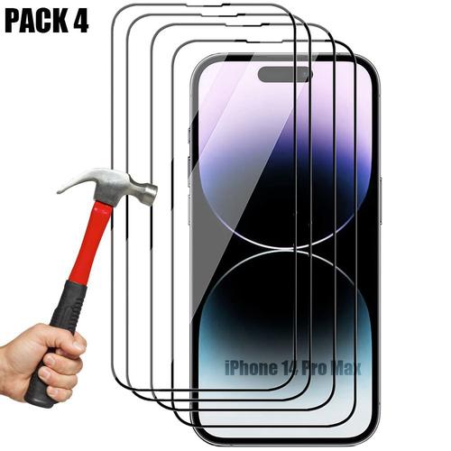 Verre Trempe Integral Pour Iphone 14 Pro Max (6,7'') Pack De 4 Vitres Noir