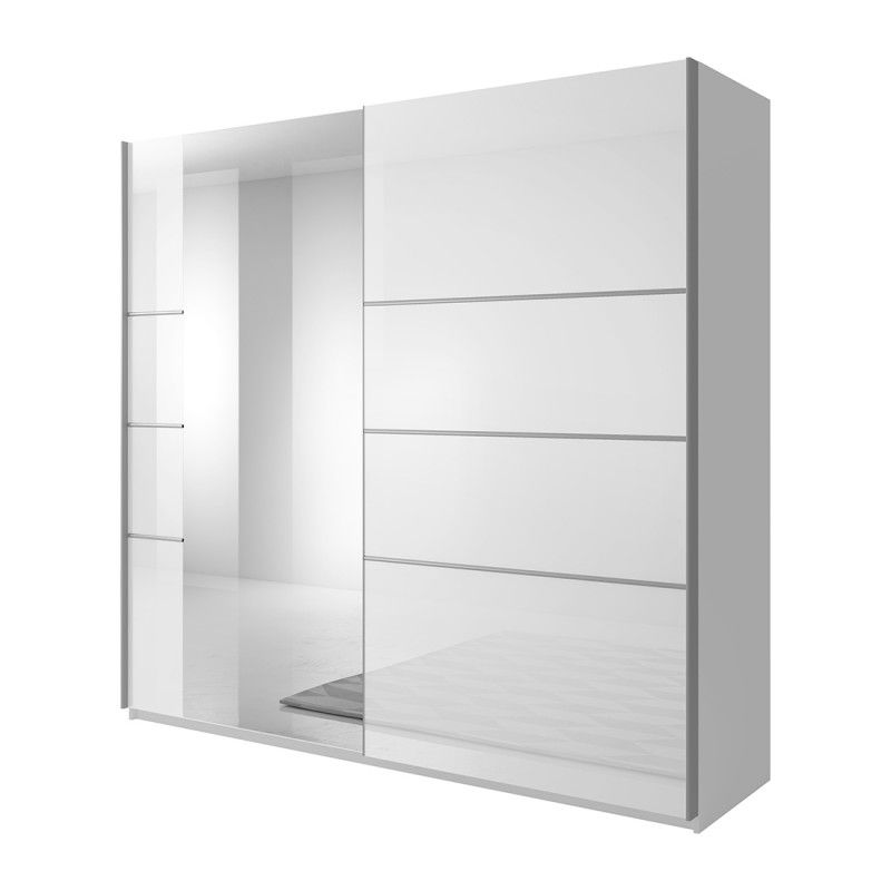 Armoire Design 2 Portes 220 Cm Avec Miroir. Couleur Blanc Brillant. Collection Eos