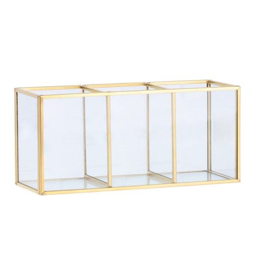 Boîte De Rangement En Verre Pour Cosmétiques, Organiseur Nordique De Bureau Pour Pinceaux De Maquillage, Conteneur Transparent Avec Bord Couvert Doré