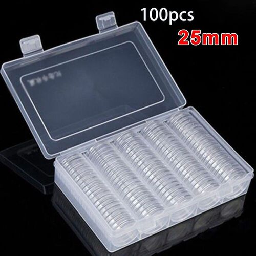 Capsules Pour Pièces De Monnaie, 100 Pièces De 25mm, Boîte De Rangement Ronde Transparente, Porte Monnaie En Cuivre Doré, Étui Portable, Boîte D'organisation Pour Pièces De Collection