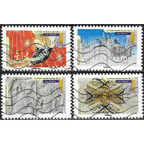 France 2013, Série Art Gothique, Beaux Timbres Yvert 878 Clef De Voûte À Vincennes, 879 Miroir En Ivoire - Partie D'échecs, 884 Dais De Charles Vii Et 885 Les Riches Heures Du Duc De Berry, Obli. Tbe.