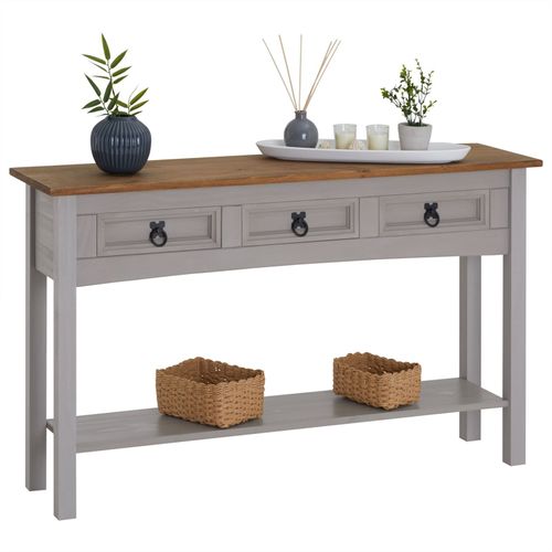 Table Console Ramon Table D'appoint Rectangulaire En Pin Massif Gris Et Brun Avec 3 Tiroirs, Meuble D'entrée Style Mexicain En Bois