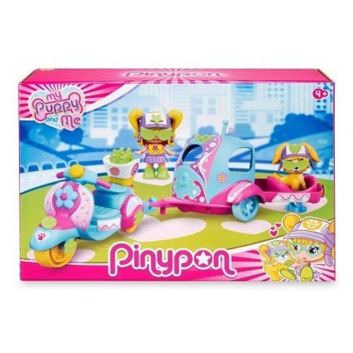 Pinypon - Moto Avec Remorque, Figurines Poupee Et Chien, Accessoires - Mini Univers - Set Coffret Vehicule + Carte Animal