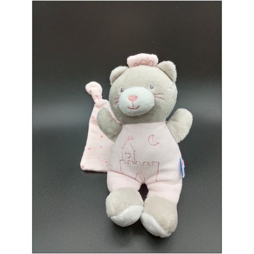 Doudou Ours Rose Gris - Château - Cape Sucre D Orge - Env. 20 Cm