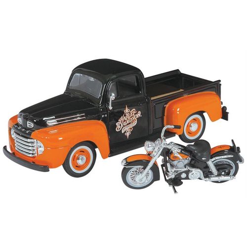 Véhicules Miniatures Die Cast 1/24 Ford F-1 Pick-Up 1948 + Moto - Orange Et Noir