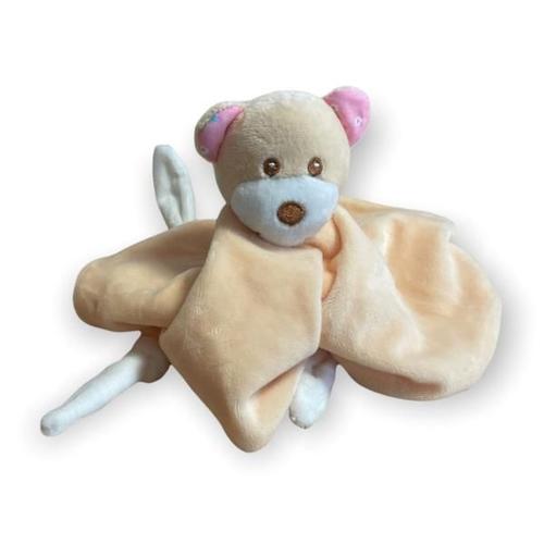 Doudou Mouchoir Plat Emy La Souris, Toucher Velours, Pêche/Blanc, Finition Brodée, 28cm