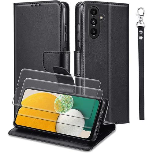 Coque Compatible Avec Samsung Galaxy A13 5g Avec 2 Pièces Verre Trempé, Portefeuille Housse Premium En Cuir Pu Avec Magnétique Flip Case Protection Etui Book Noir