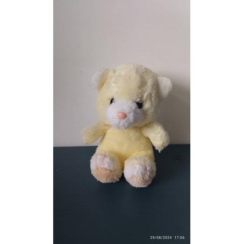 Vintage Peluche Ours Assis Jaune Et Blanc Ajena