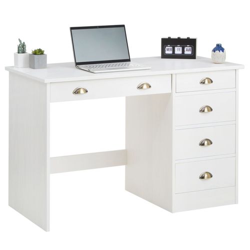 Bureau Lana Avec Rangement 5 Tiroirs Et Poignées En Forme De Coquille, En Pin Massif Lasuré Blanc