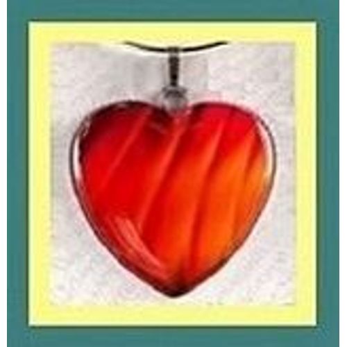 1 Pendentif ( Coeur Rouge Orangé, Feu D'amour ) Verre & Laiton, Fait Main