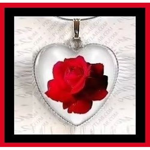 1 Pendentif ( Coeur Rose, Couleur Rouge, Sur Fond Blanc ) Verre & Laiton, Fait Main