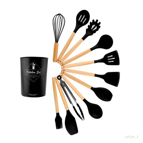 Ensemble Ustensiles De Cuisine Ensemble Résistant Anti-Rayures Manche En Bois Anti-Brûlure Spatule Outils De Cuisine Aide - Noir