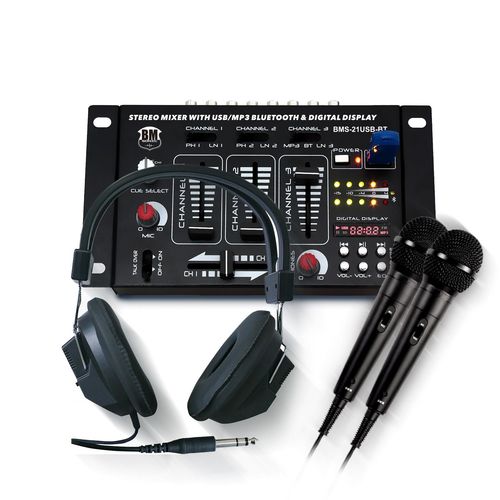 Table de mixage DJ Sono BLUETOOTH BM SONIC BMS-21USB-BT 4 voies, 1 PHONO/LINE, 1 PHONO/USB, 1 CD, Casque, micros inclus