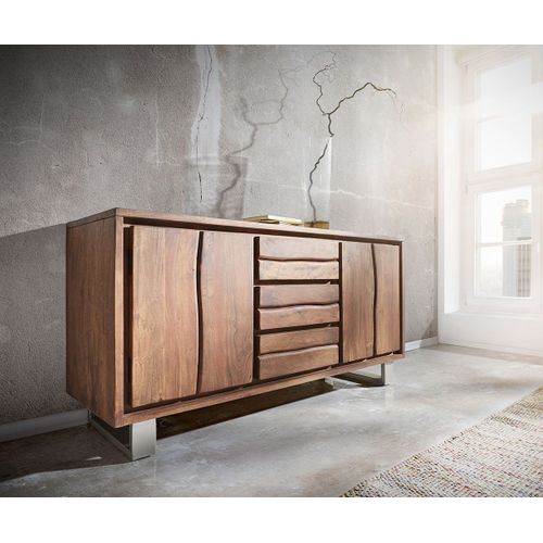 Commode Live-Edge Acacia Marron 147 Cm 2 Portes 3 Tiroirs Bordure D'arbre Buffet
