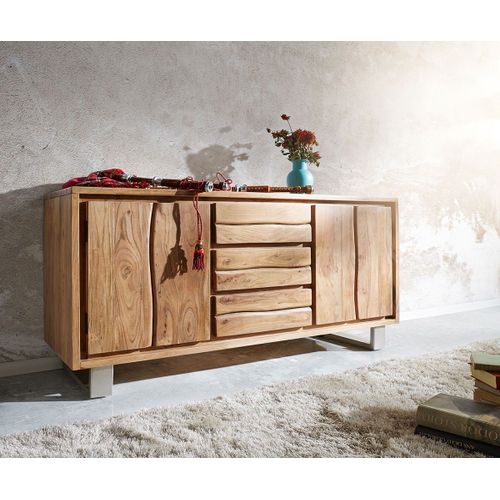 Commode Live-Edge Acacia Nature 147 Cm 2 Portes 3 Tiroirs Bordure D'arbre Buffet