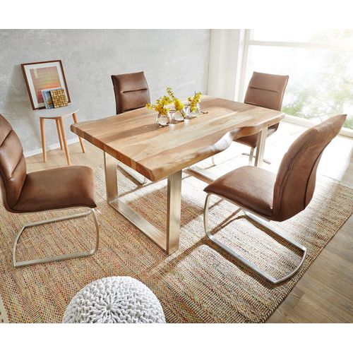 Table-De-Salle-?-Manger Edge Acacia Nature 140x90 Xl Acier Inoxydable ?Troit Live-Edge