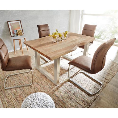 Table-De-Salle-?-Manger Edge Acacia Nature 140x90 Acier Inoxydable Large Live-Edge