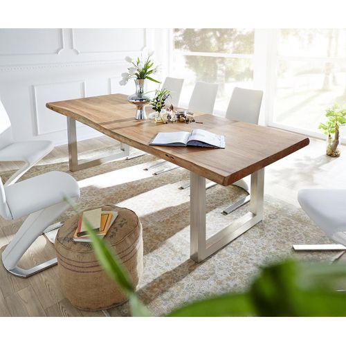 Table-De-Salle-À-Manger Edge Acacia Nature 300x100 Xl Acier Inoxydable Large Live-Edge