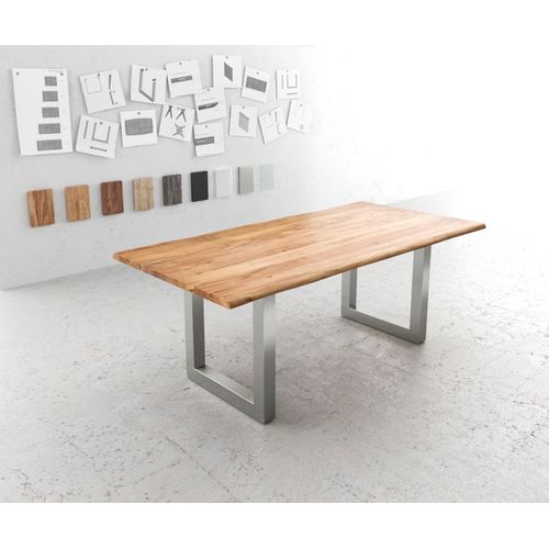 Table-De-Salle-?-Manger Edge Acacia Nature 200x100 Acier Inoxydable Large Live-Edge